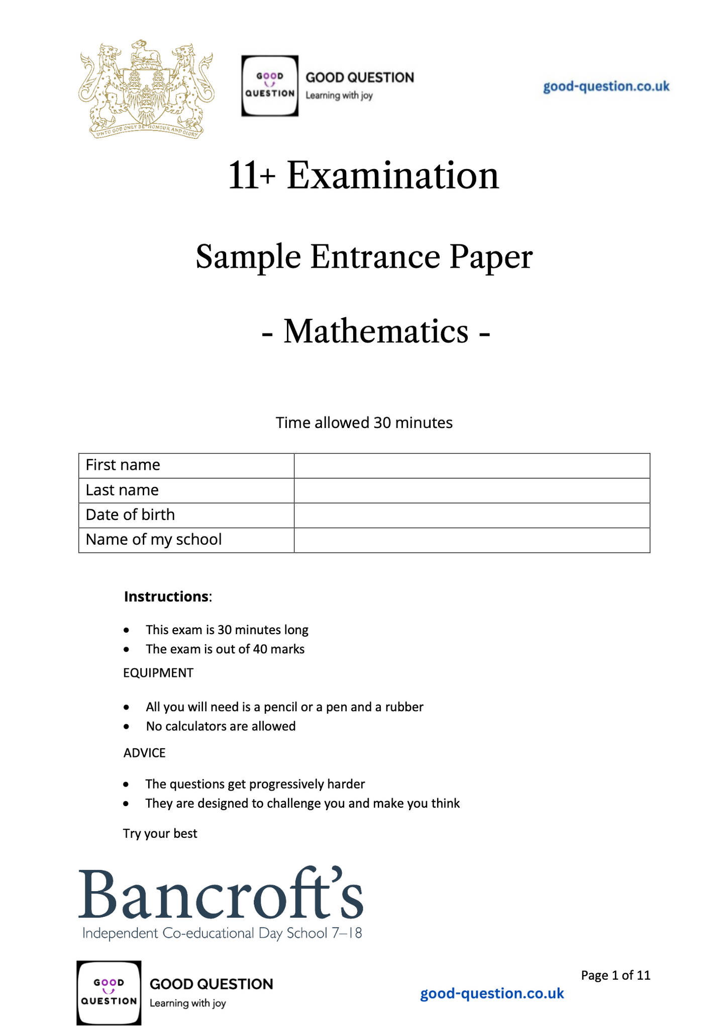 Bancroft’s - Maths Specimen Paper with Answers