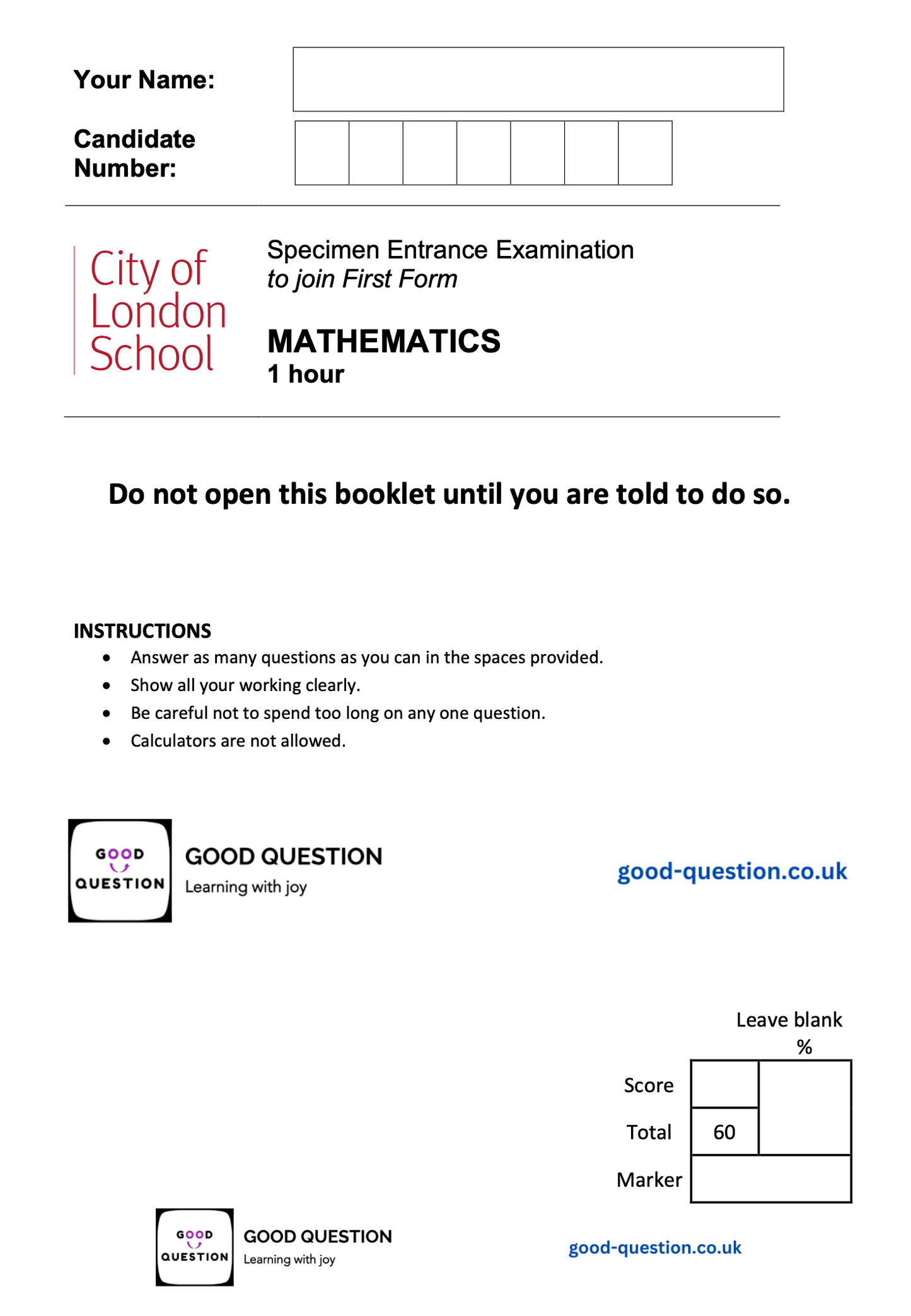 City of London - Maths Specimen Paper with Answers