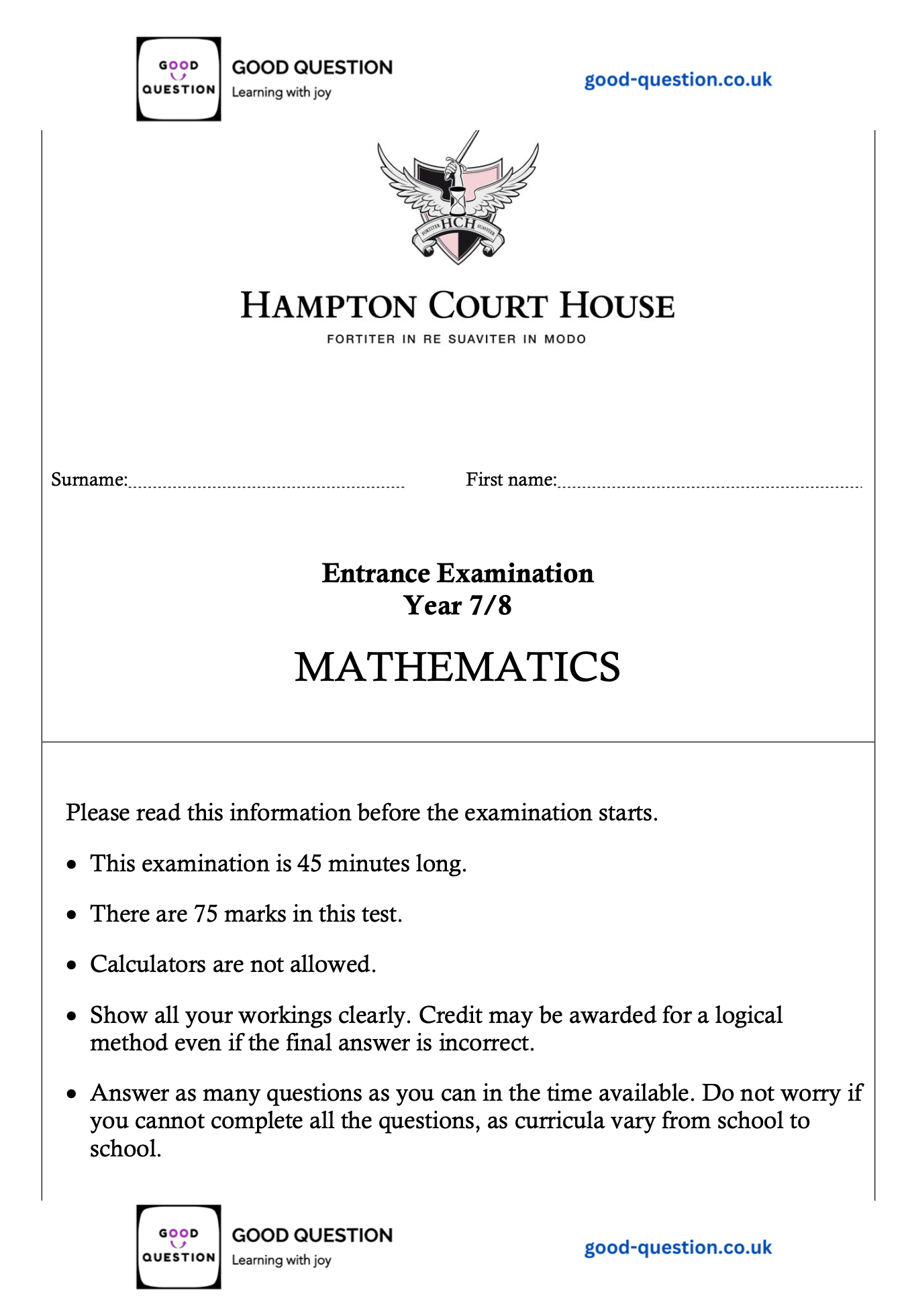 Hampton Court House - Maths Specimen Paper with Answers