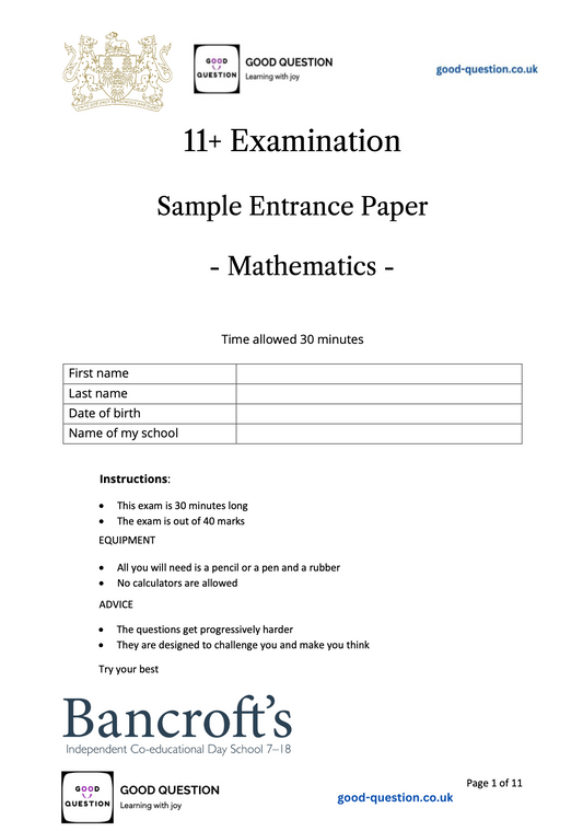 Bancroft’s - Maths Specimen Paper with Answers