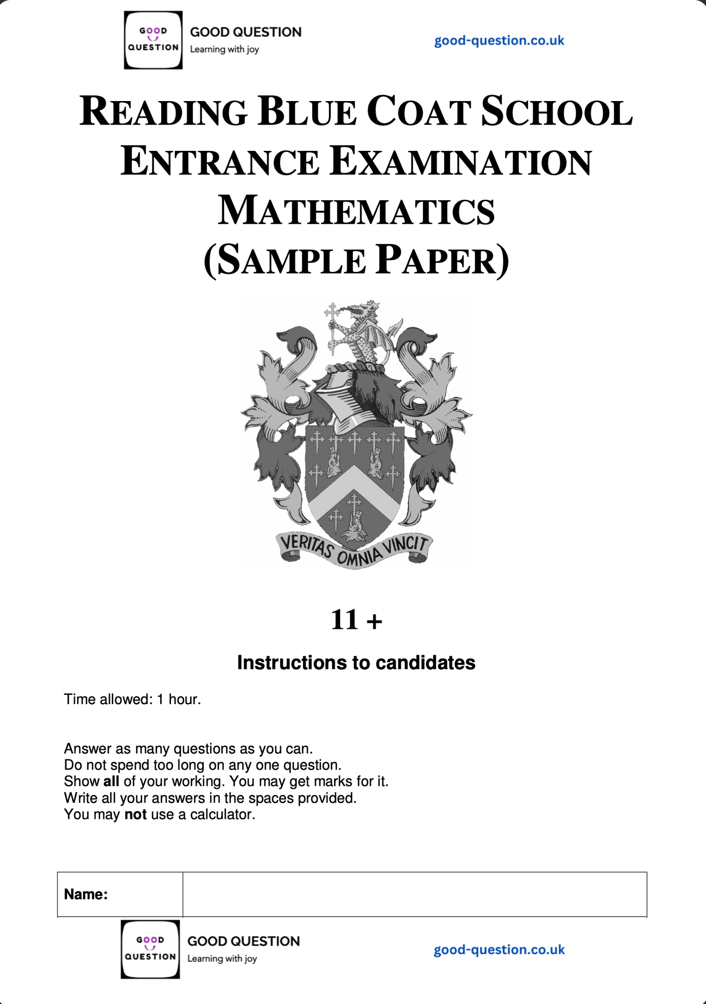Reading Blue Coat School - Maths Specimen Paper with Answers