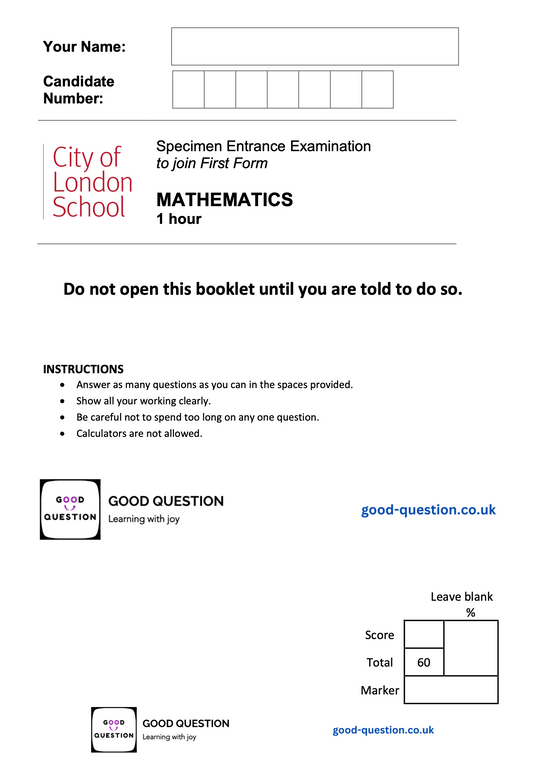 City of London - Maths Specimen Paper with Answers