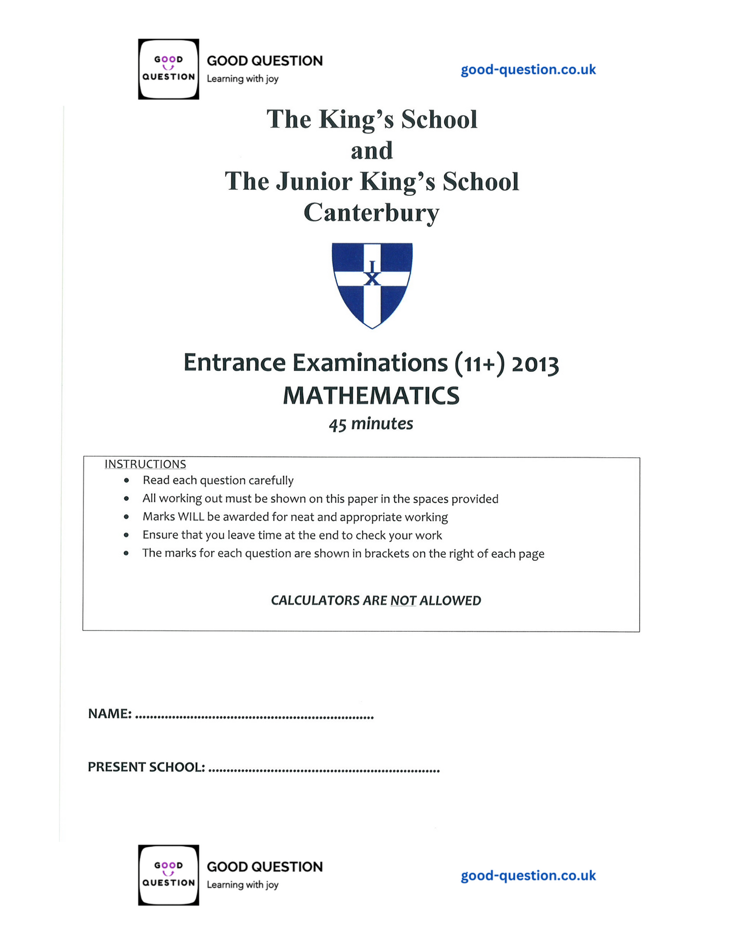 King’s School Canterbury - Maths Specimen Paper with Answers